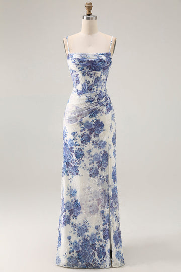 White Blue Corset Floral Sheath Long Bridesmaid Dress with Sit