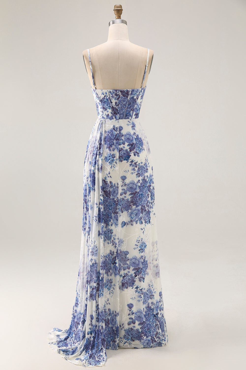 White Blue Corset Floral Sheath Long Bridesmaid Dress with Sit