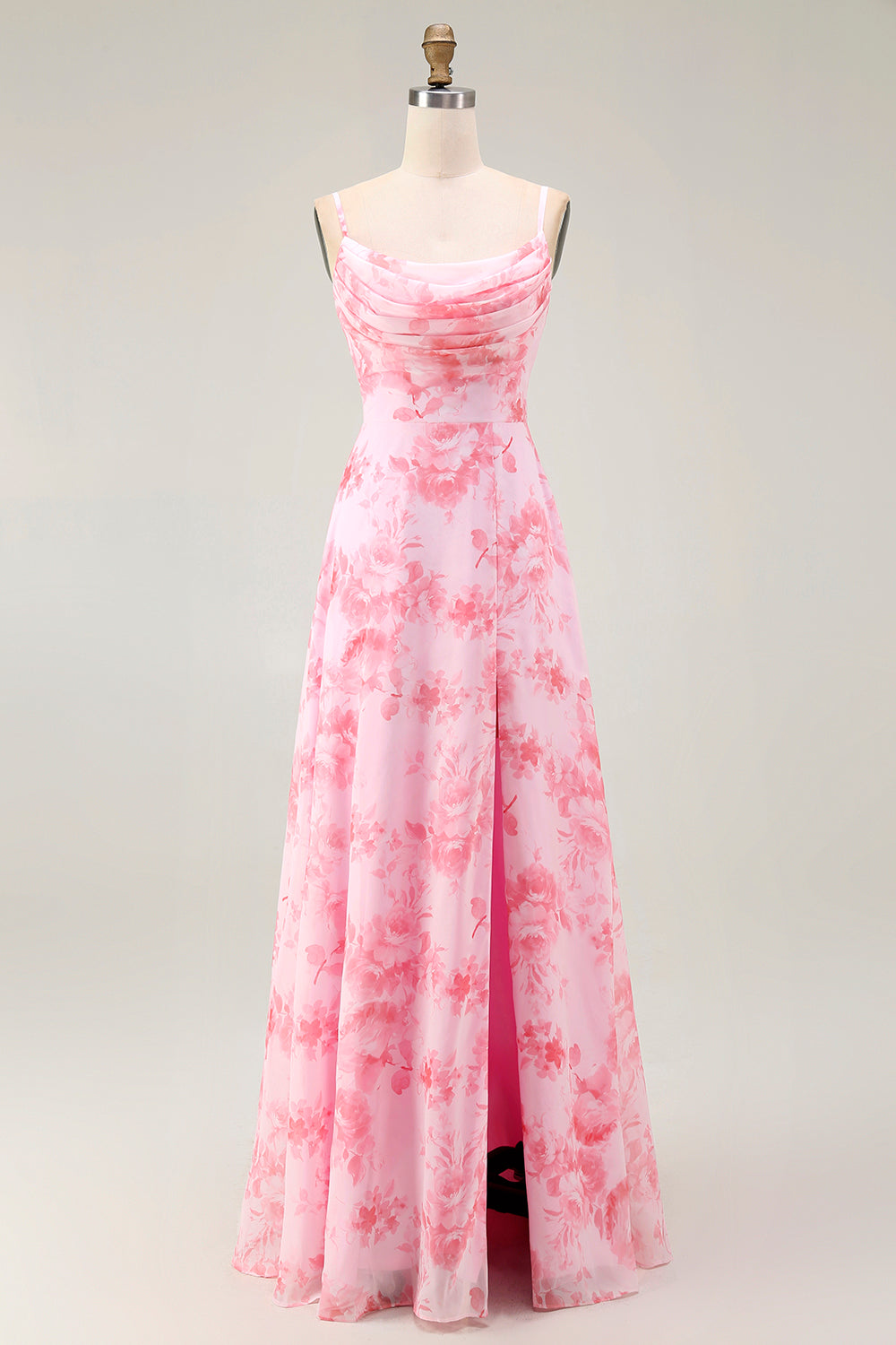 Pink Floral A Line Cowl Neck Long Bridesmaid Dress with Slit