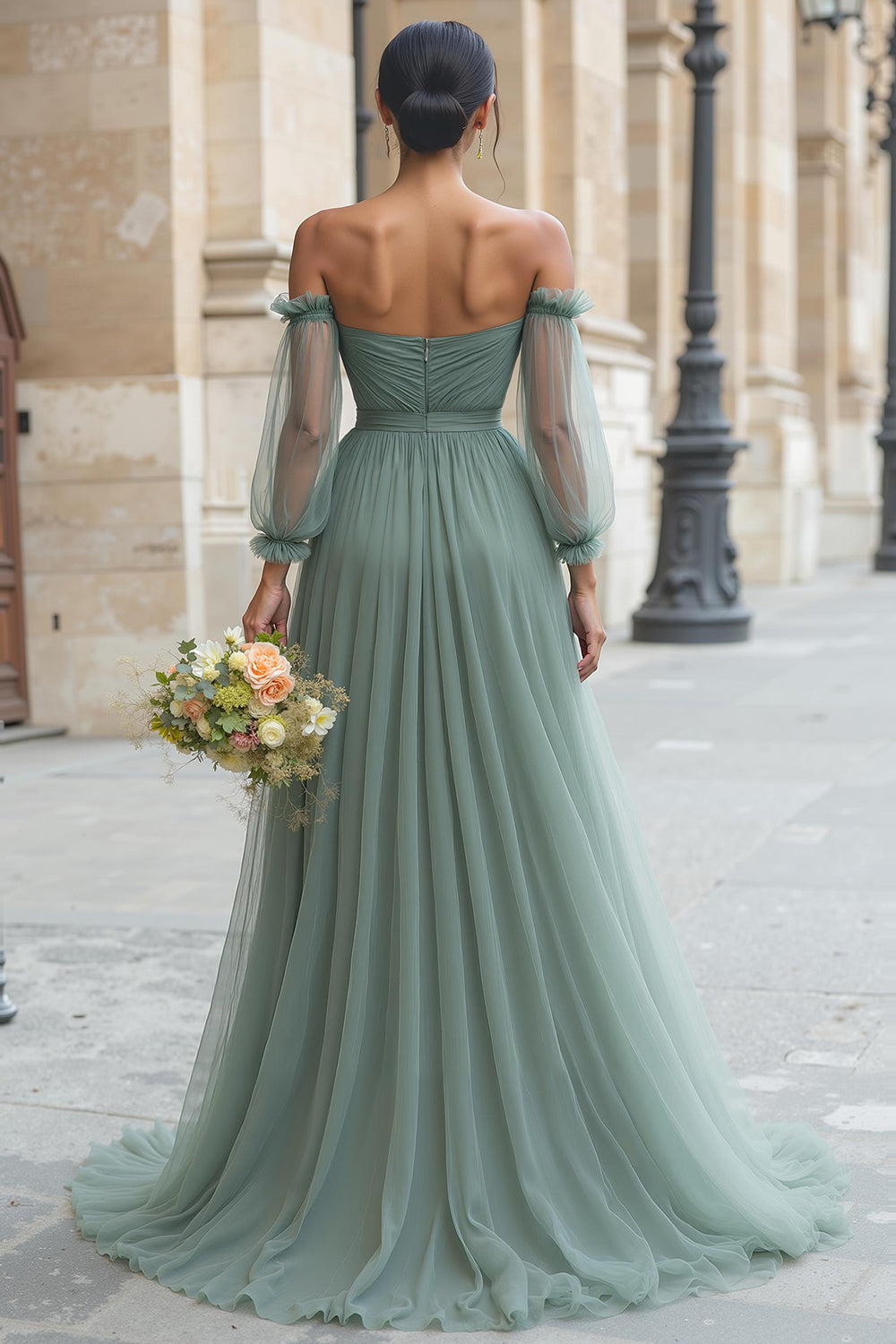 Eucalyptus Off the Shoulder Tulle A-Line Long Bridesmaid Dress with Sleeves