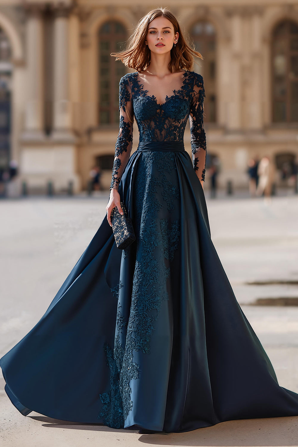 Navy V-Neck A-Line Long Sleeves Mother of the Bride Dress with Lace