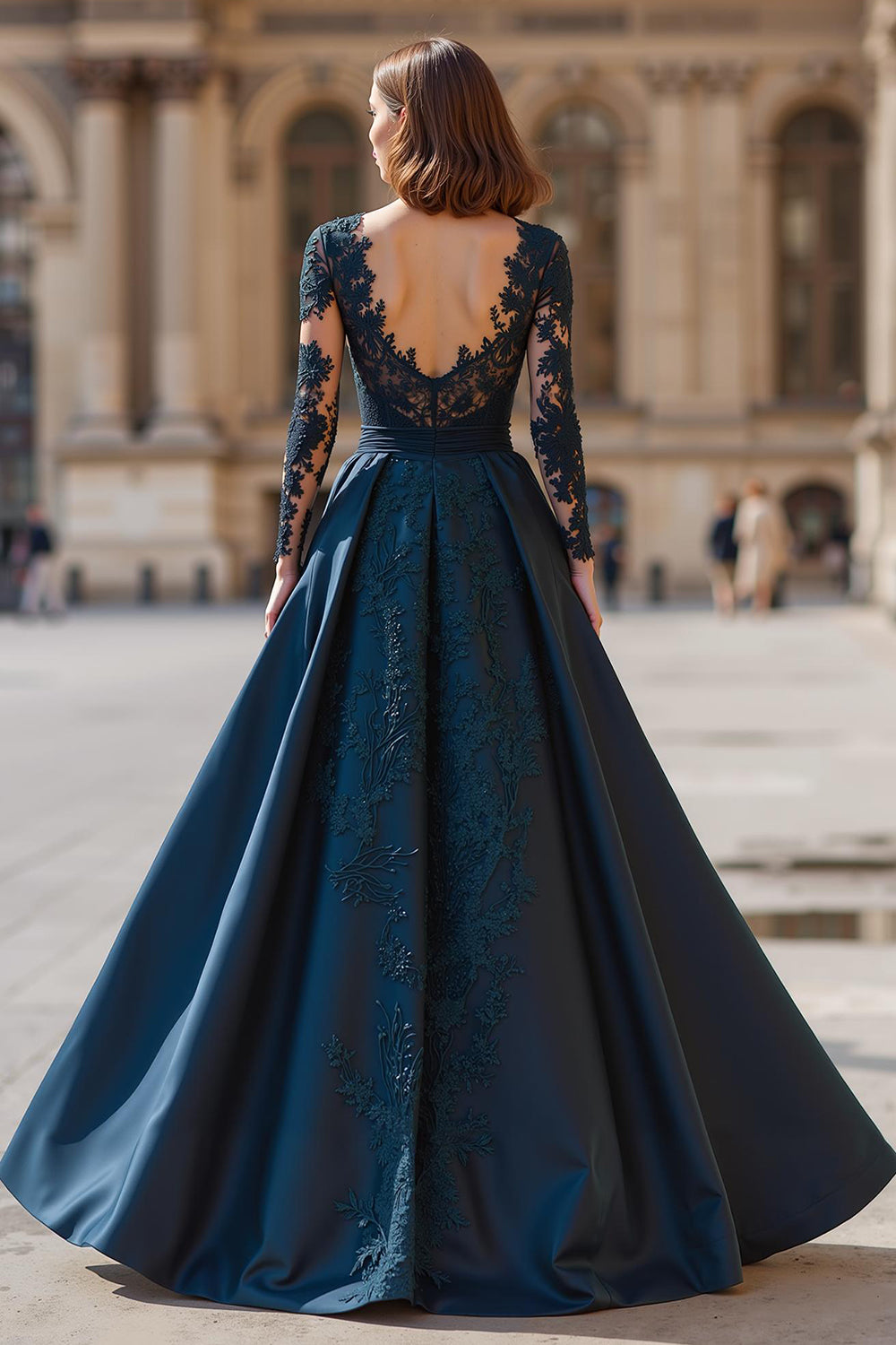 Navy V-Neck A-Line Long Sleeves Mother of the Bride Dress with Lace