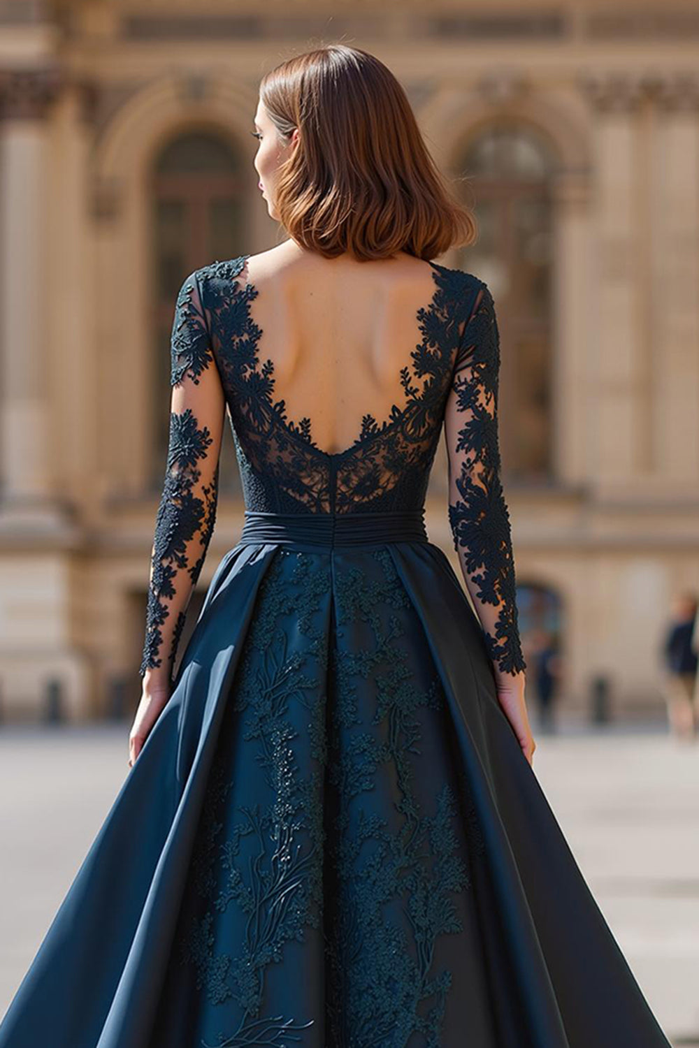 Navy V-Neck A-Line Long Sleeves Mother of the Bride Dress with Lace