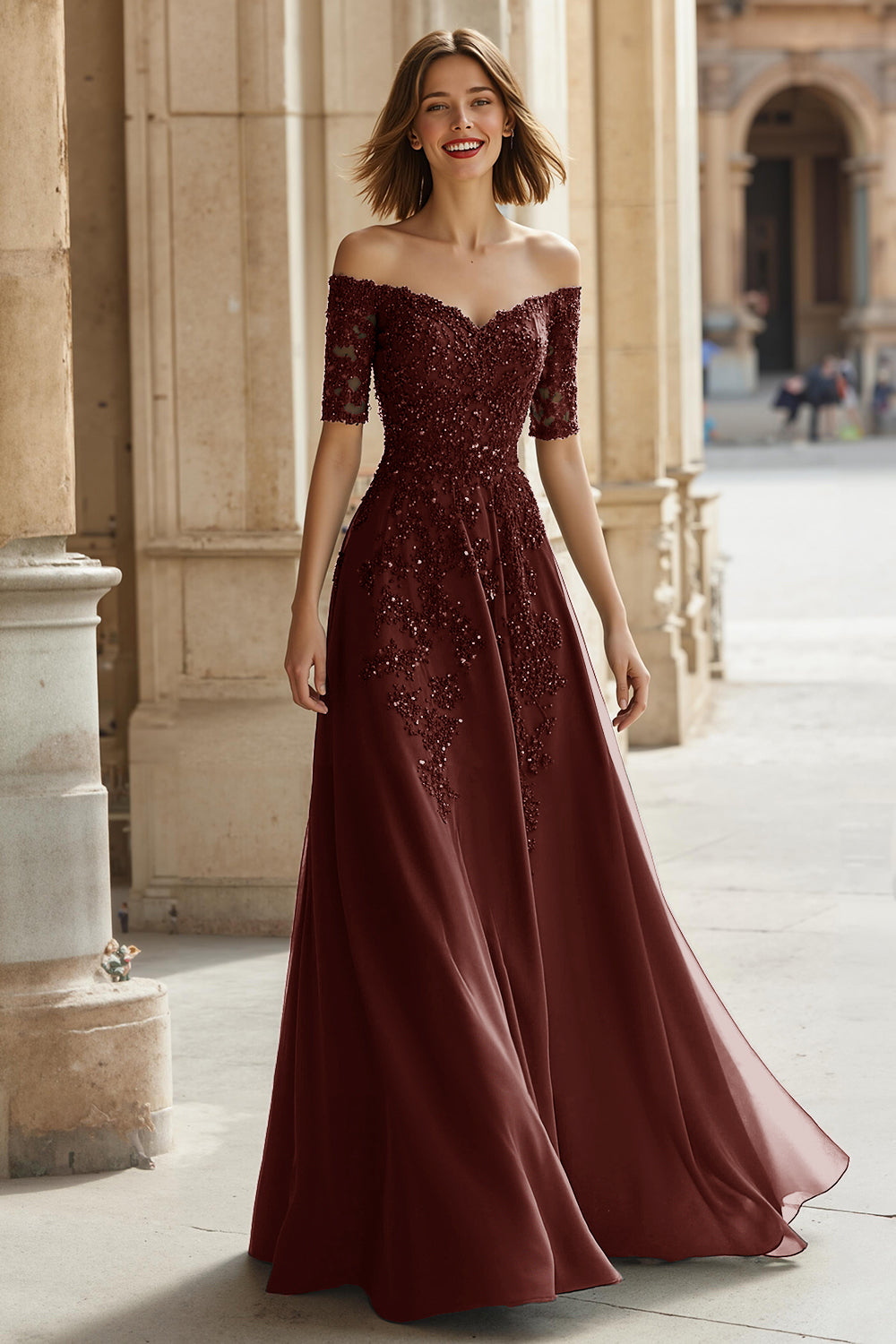 Pine Green Chiffon Off the Shoulder A-Line Long Mother of the Bride Dress with Beading