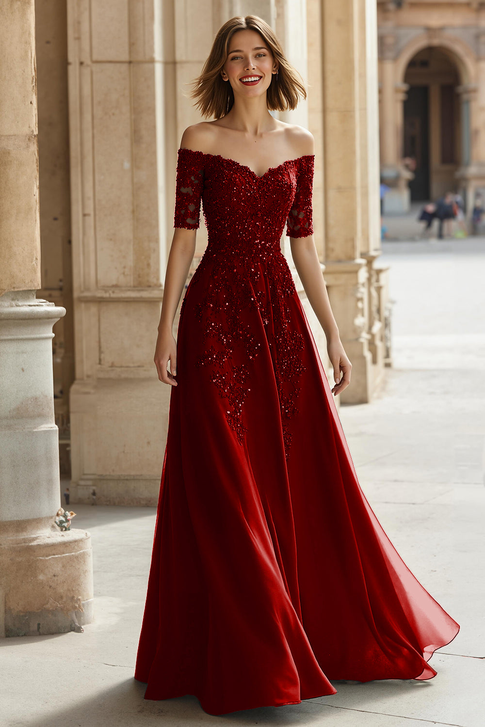 Pine Green Chiffon Off the Shoulder A-Line Long Mother of the Bride Dress with Beading