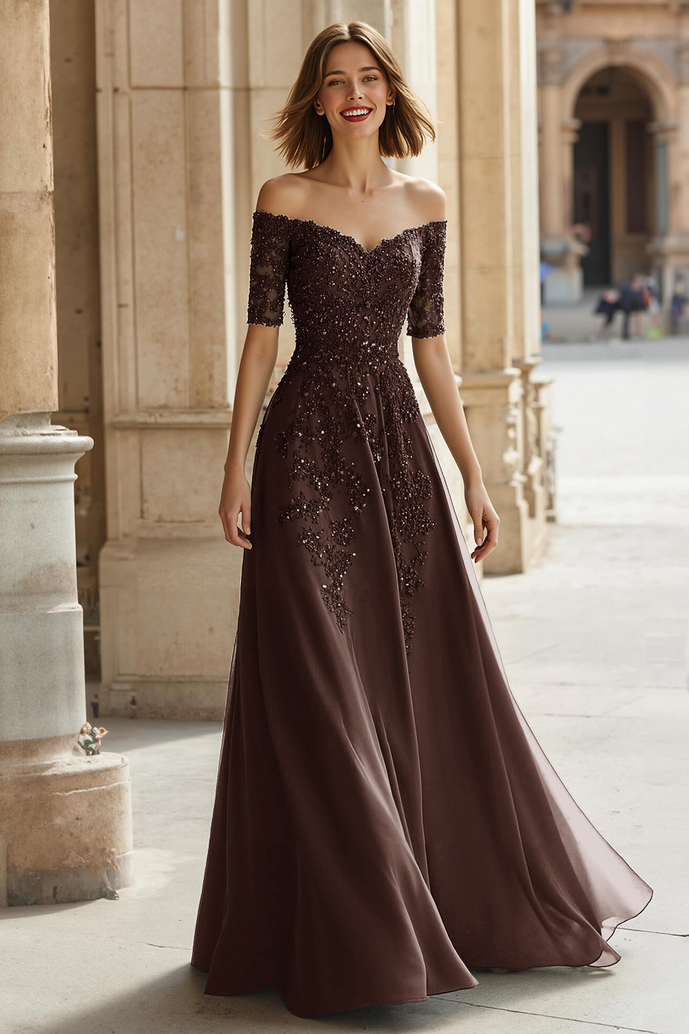 Pine Green Chiffon Off the Shoulder A-Line Long Mother of the Bride Dress with Beading