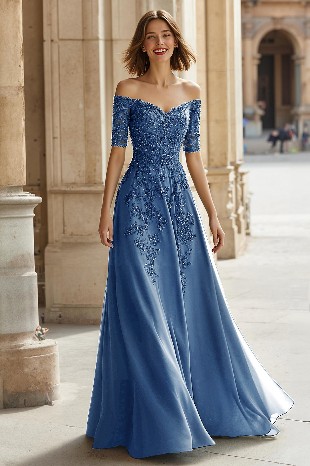 Pine Green Chiffon Off the Shoulder A-Line Long Mother of the Bride Dress with Beading