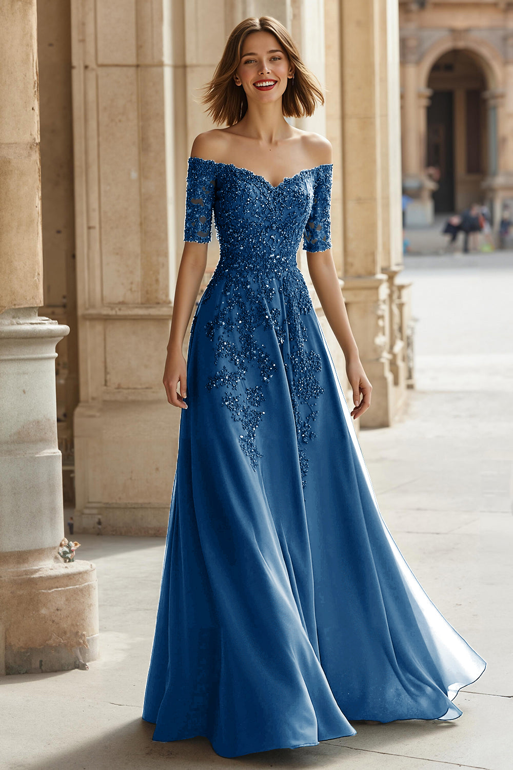 Pine Green Chiffon Off the Shoulder A-Line Long Mother of the Bride Dress with Beading