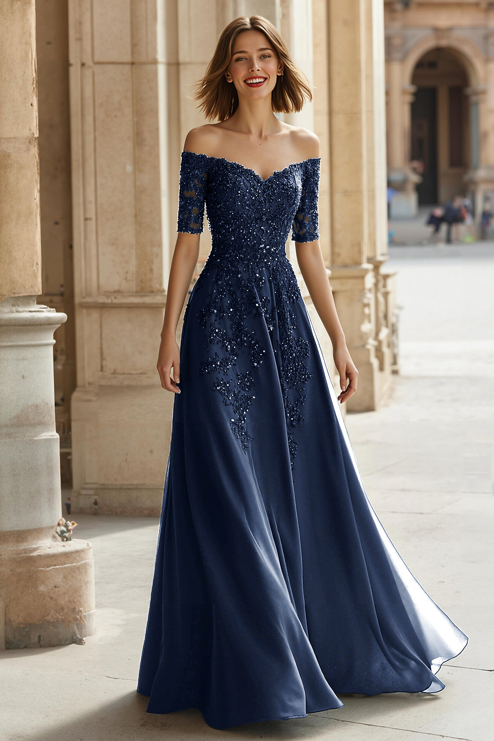 Pine Green Chiffon Off the Shoulder A-Line Long Mother of the Bride Dress with Beading