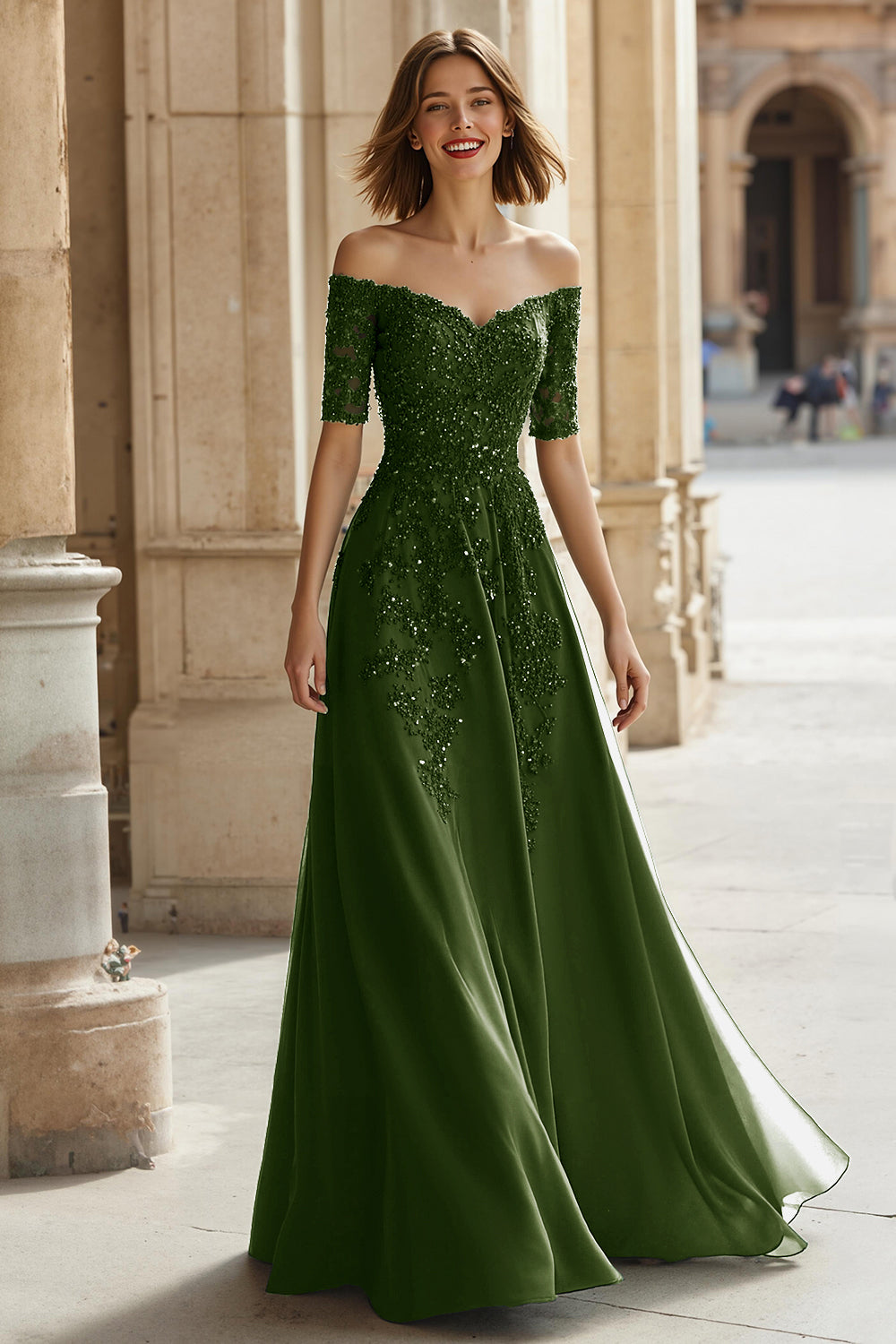 Pine Green Chiffon Off the Shoulder A-Line Long Mother of the Bride Dress with Beading