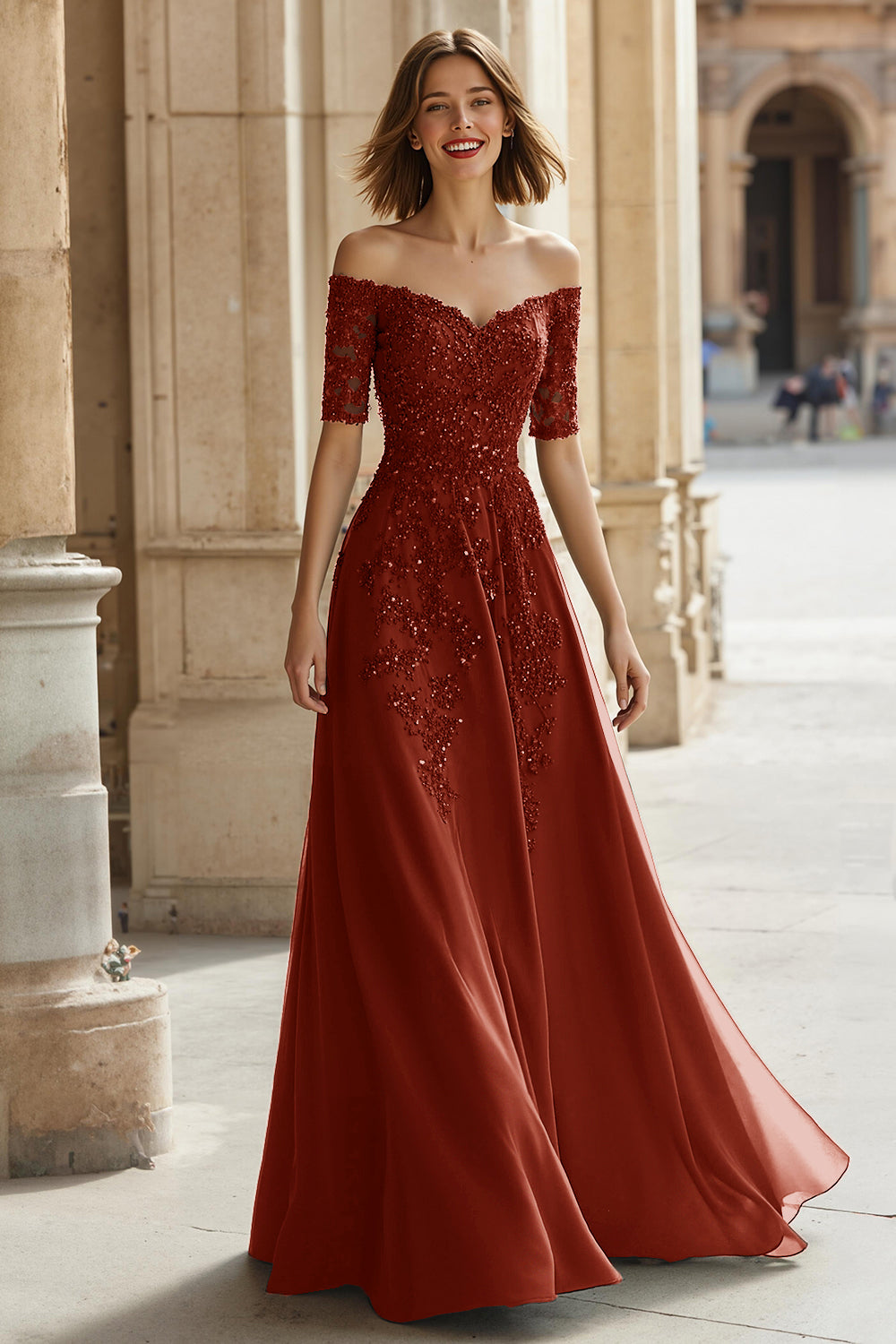 Pine Green Chiffon Off the Shoulder A-Line Long Mother of the Bride Dress with Beading