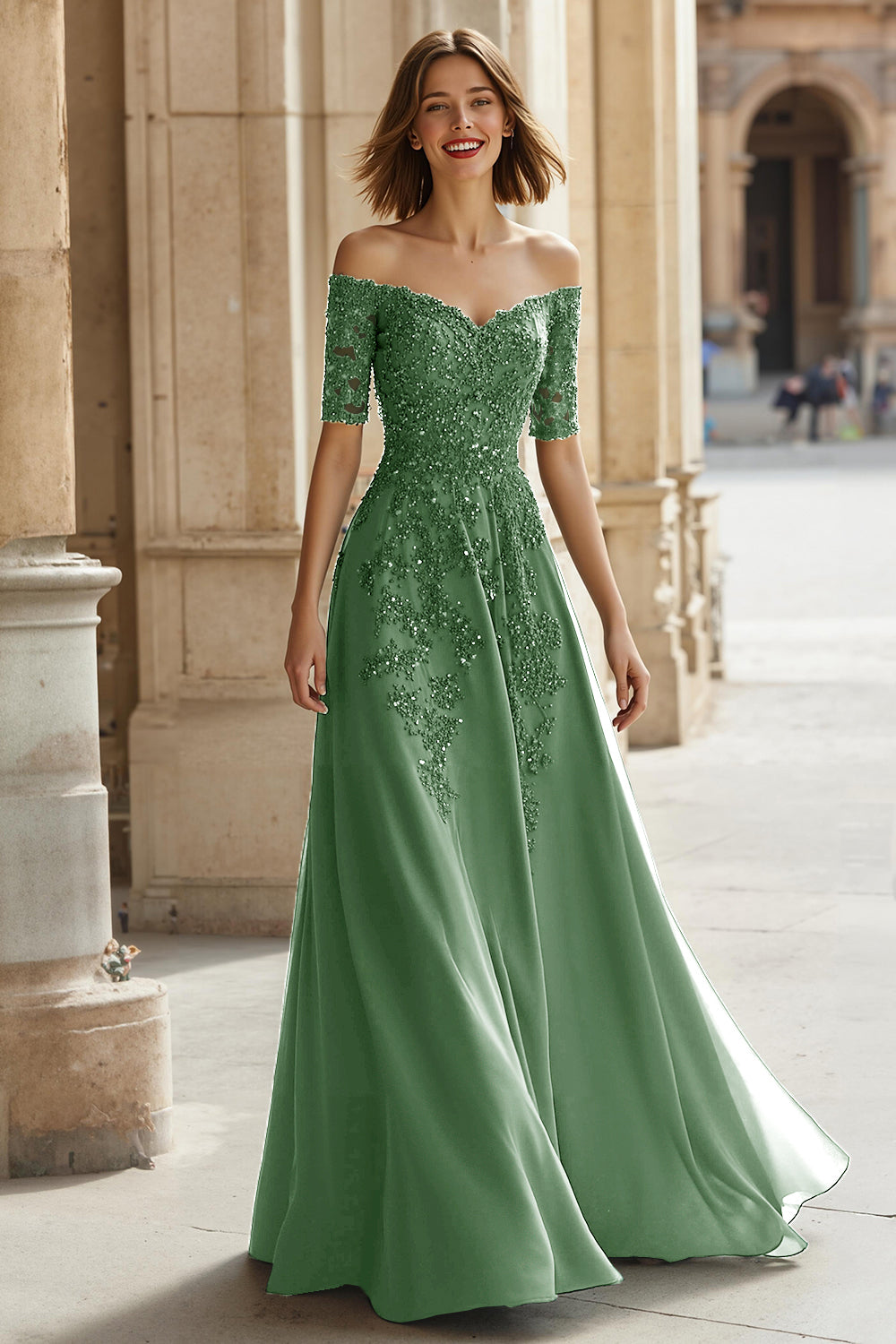 Pine Green Chiffon Off the Shoulder A-Line Long Mother of the Bride Dress with Beading