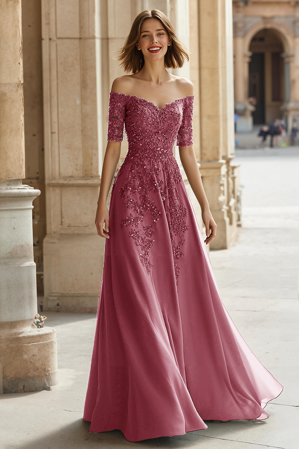 Pine Green Chiffon Off the Shoulder A-Line Long Mother of the Bride Dress with Beading
