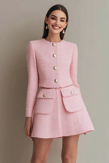 Pink 2 Piece Tweed Single Breasted Short Homecoming Outfits