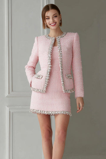 Sparkly Pink Tweed 2 Piece Pencil Short Homecoming Outfits with Pockets