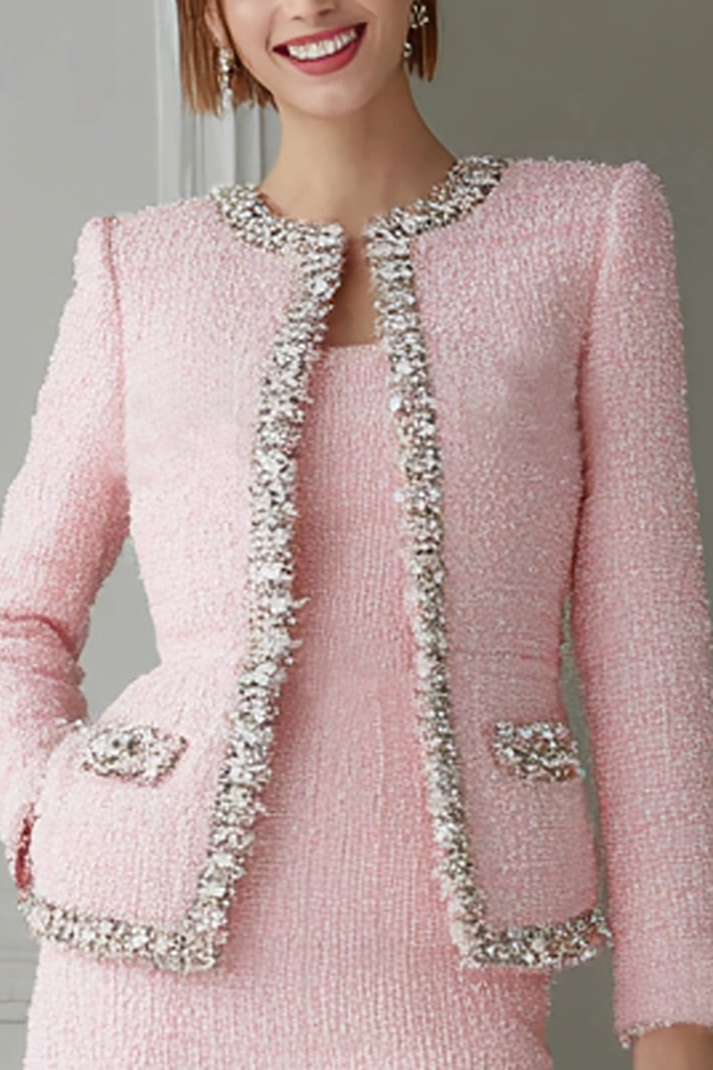 Sparkly Pink Tweed 2 Piece Pencil Short Homecoming Outfits with Pockets