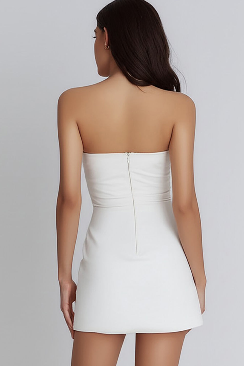 Ivory Satin Strapless Ruched A-Line Short Graduation White Dress