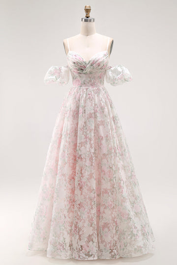 Blush Floral A Line Detachable Sleeves Long Prom Dress