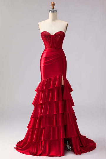 Red Mermaid Satin Ruffled Long Corset Prom Dress with Slit