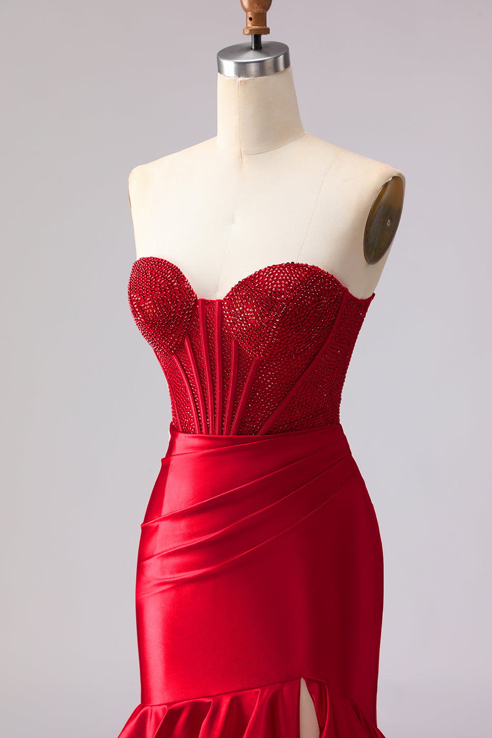 Red Mermaid Satin Ruffled Long Corset Prom Dress with Slit