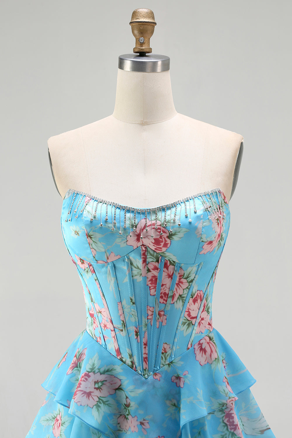 Floral Blue A Line Tiered Long Corset Prom Dress with Slit