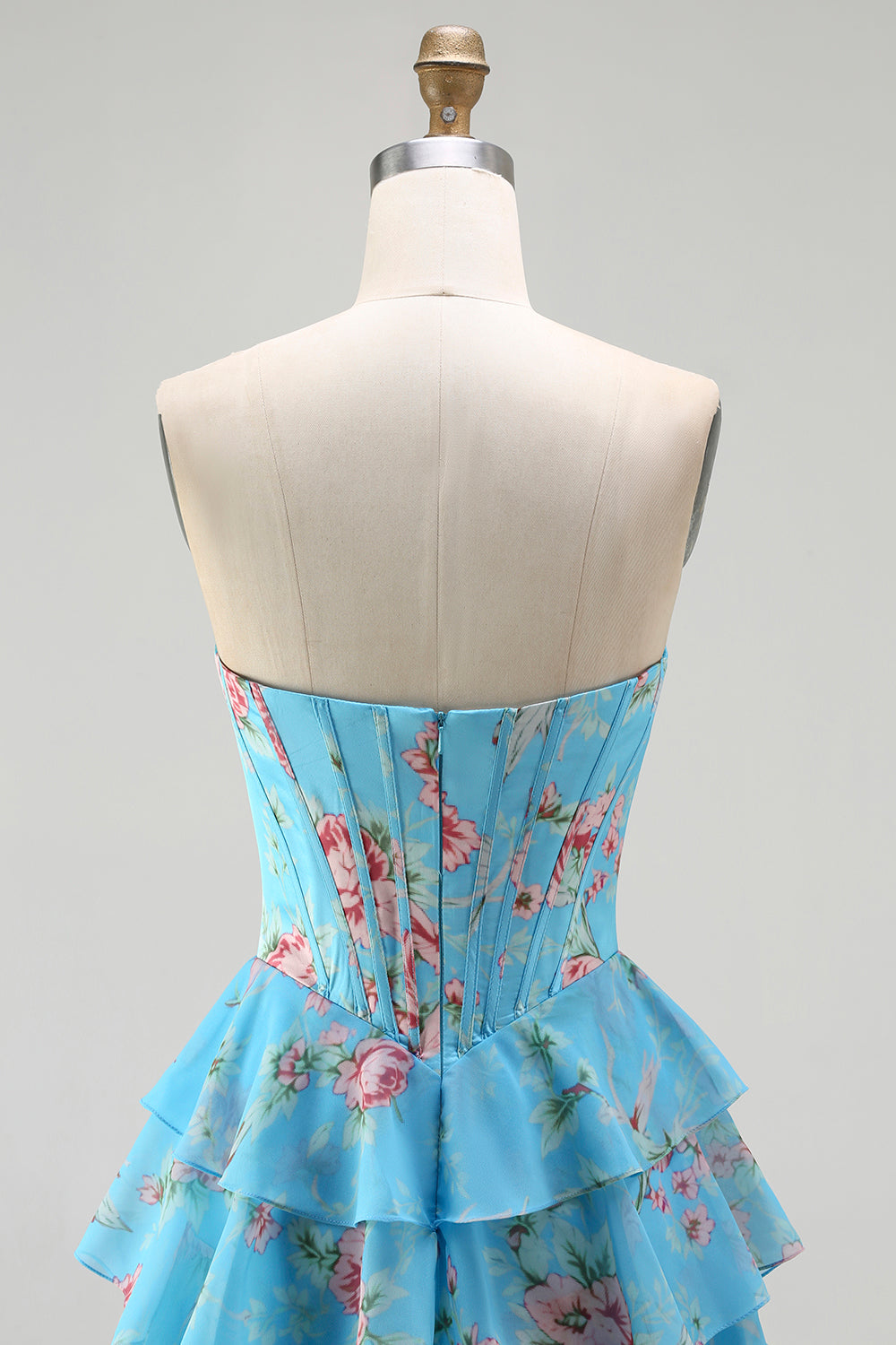 Floral Blue A Line Tiered Long Corset Prom Dress with Slit