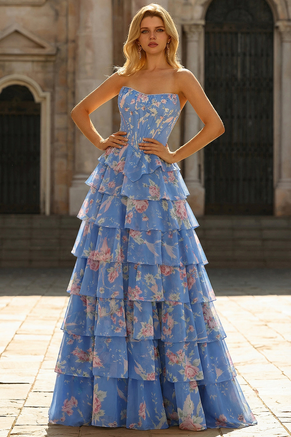 Floral Dark Blue A Line Tiered Ruffled Long Corset Prom Dress with Slit