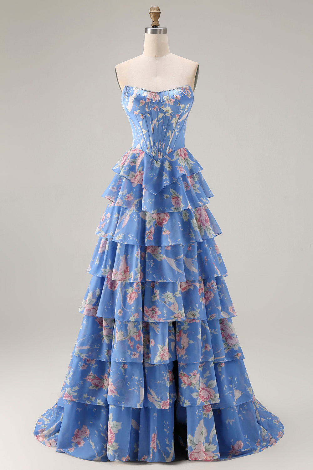 Floral Dark Blue A Line Tiered Ruffled Long Corset Prom Dress with Slit