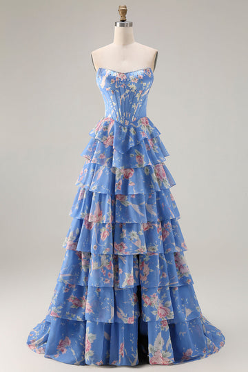 Floral Dark Blue A Line Tiered Ruffled Long Corset Prom Dress with Slit