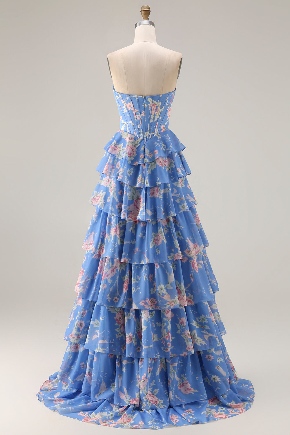 Floral Dark Blue A Line Ruffled Tiered Long Corset Prom Dress with Slit