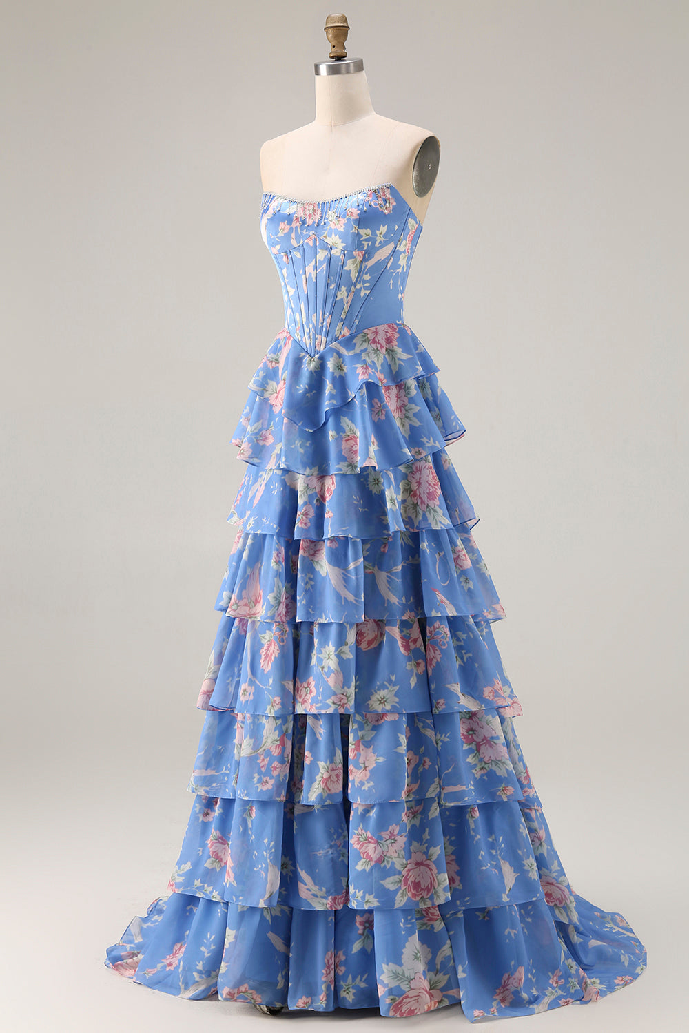 Floral Dark Blue A Line Tiered Ruffled Long Corset Prom Dress with Slit