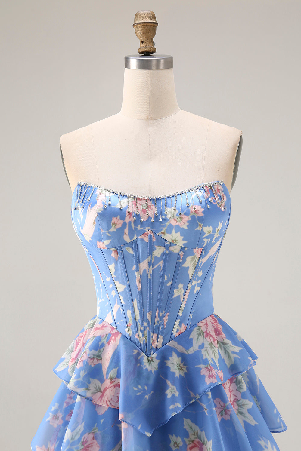 Floral Dark Blue A Line Tiered Ruffled Long Corset Prom Dress with Slit