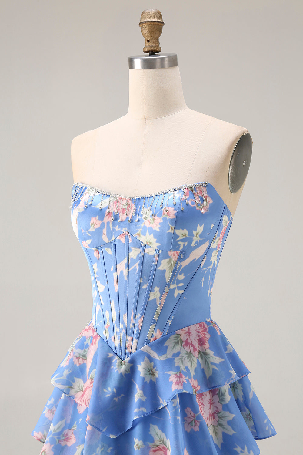 Floral Dark Blue A Line Tiered Ruffled Long Corset Prom Dress with Slit