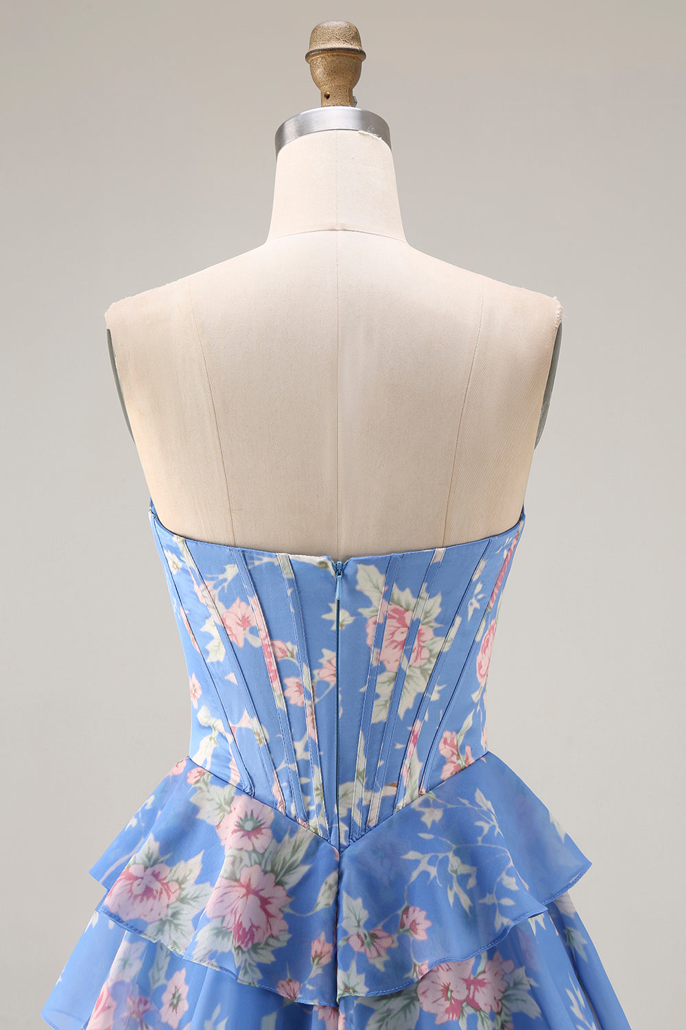 Floral Dark Blue A Line Tiered Ruffled Long Corset Prom Dress with Slit