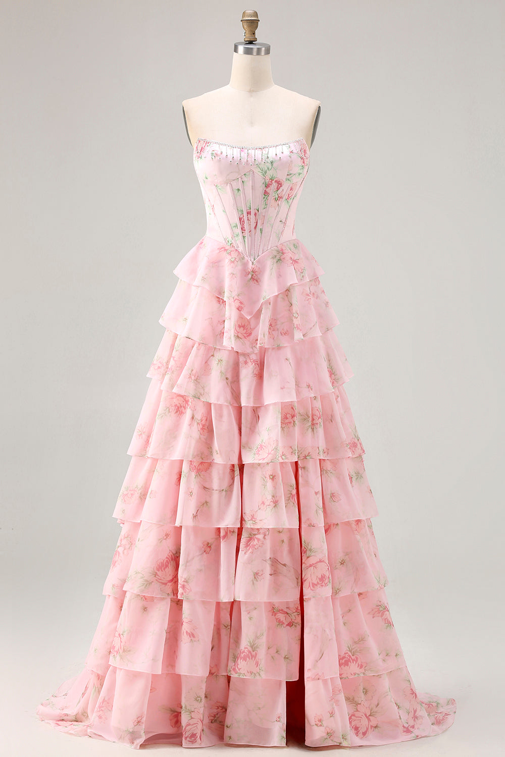 Floral Blue A Line Tiered Long Corset Prom Dress with Slit