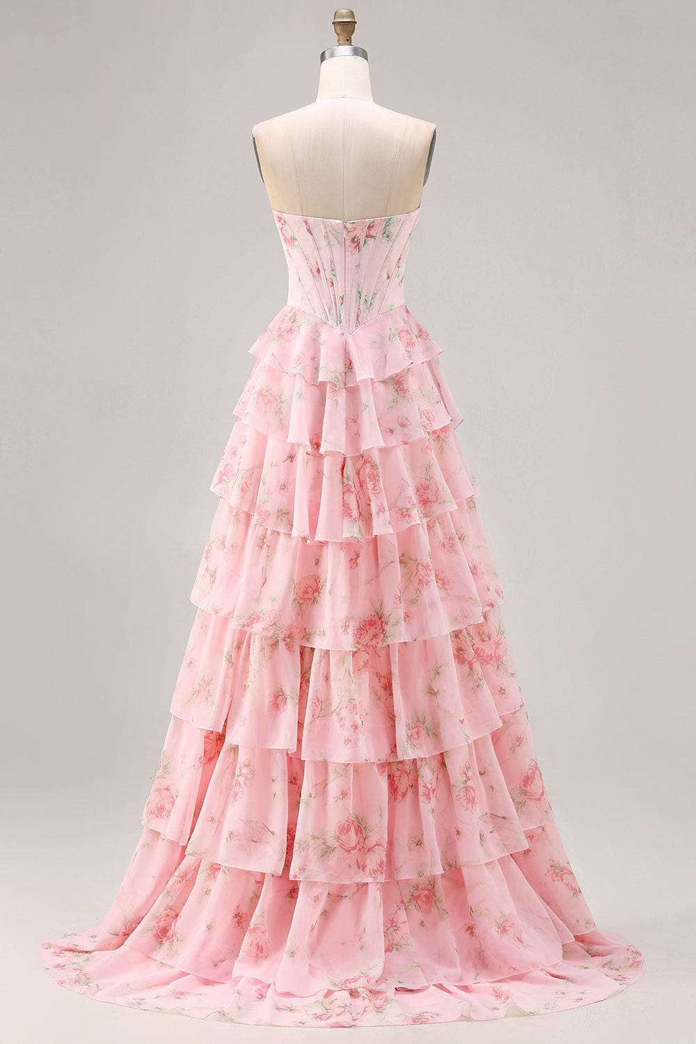 Floral Blue A Line Tiered Long Corset Prom Dress with Slit