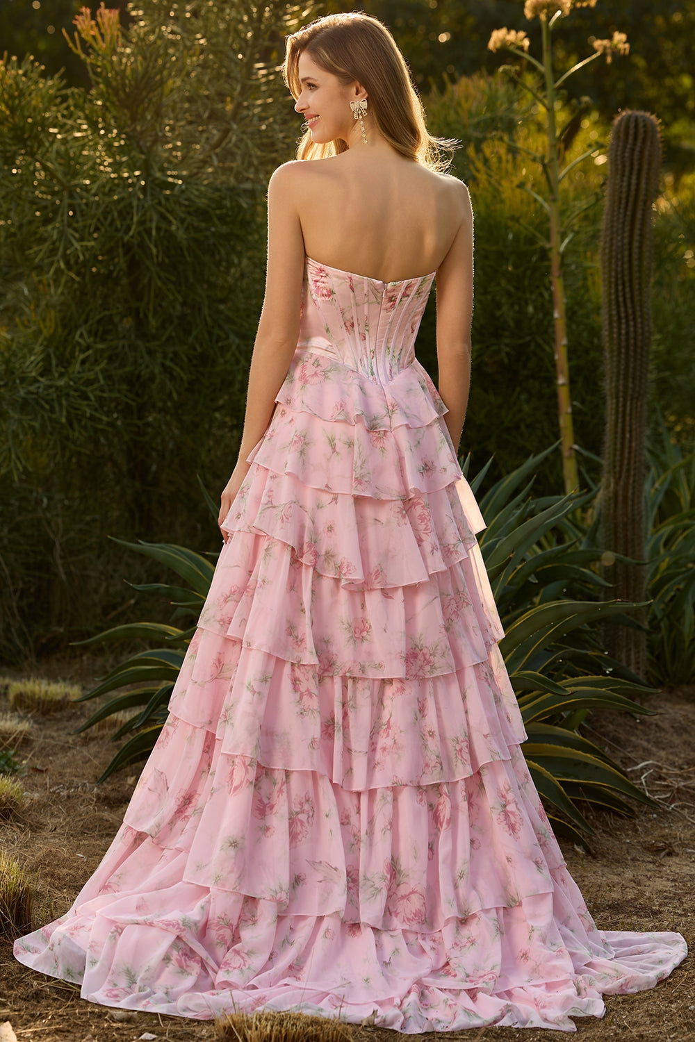 Floral Blue A Line Tiered Long Corset Prom Dress with Slit