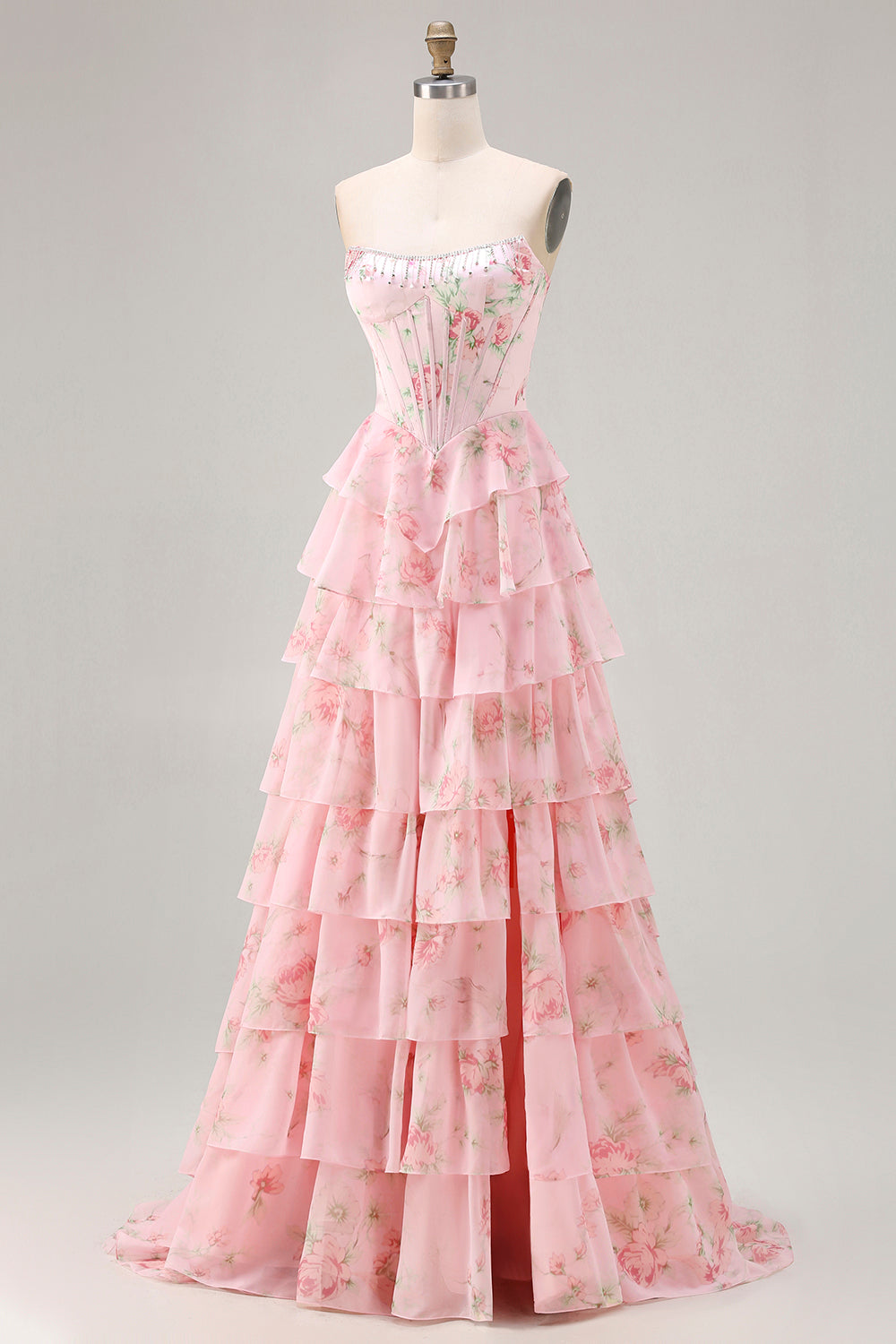 Floral Blue A Line Tiered Long Corset Prom Dress with Slit