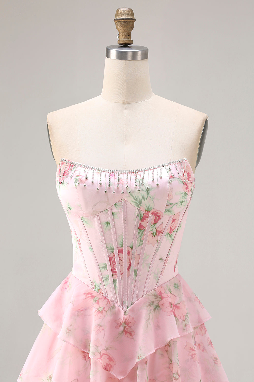 Floral Blue A Line Tiered Long Corset Prom Dress with Slit