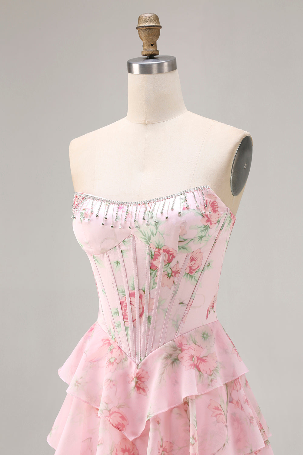Floral Blue A Line Tiered Long Corset Prom Dress with Slit