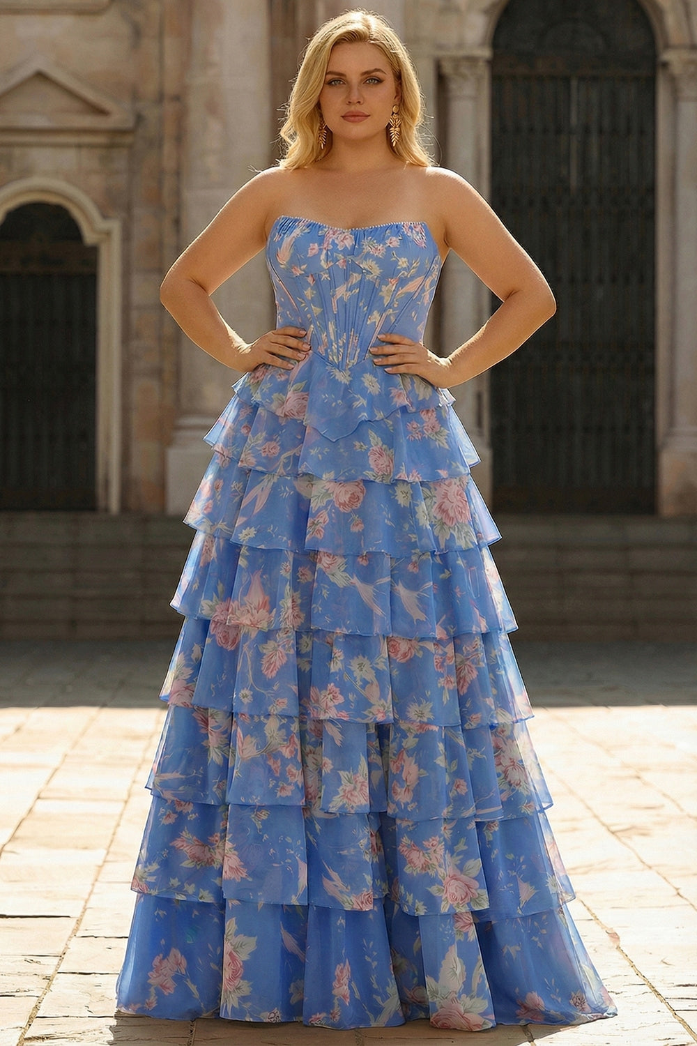 Floral Dark Blue A Line Tiered Ruffled Long Corset Prom Dress with Slit