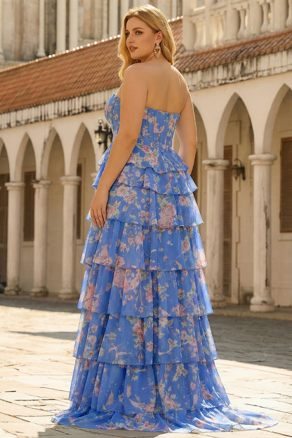 Floral Dark Blue A Line Ruffled Tiered Long Corset Prom Dress with Slit