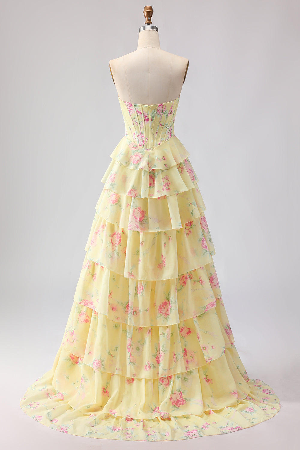 Floral Blue A Line Tiered Long Corset Prom Dress with Slit