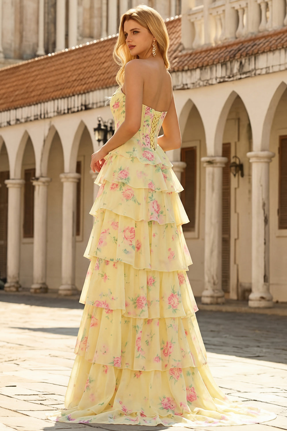 Floral Blue A Line Tiered Long Corset Prom Dress with Slit
