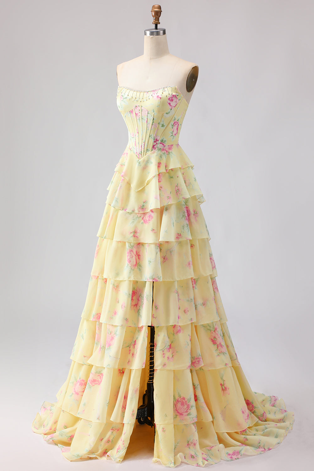 Floral Blue A Line Tiered Long Corset Prom Dress with Slit
