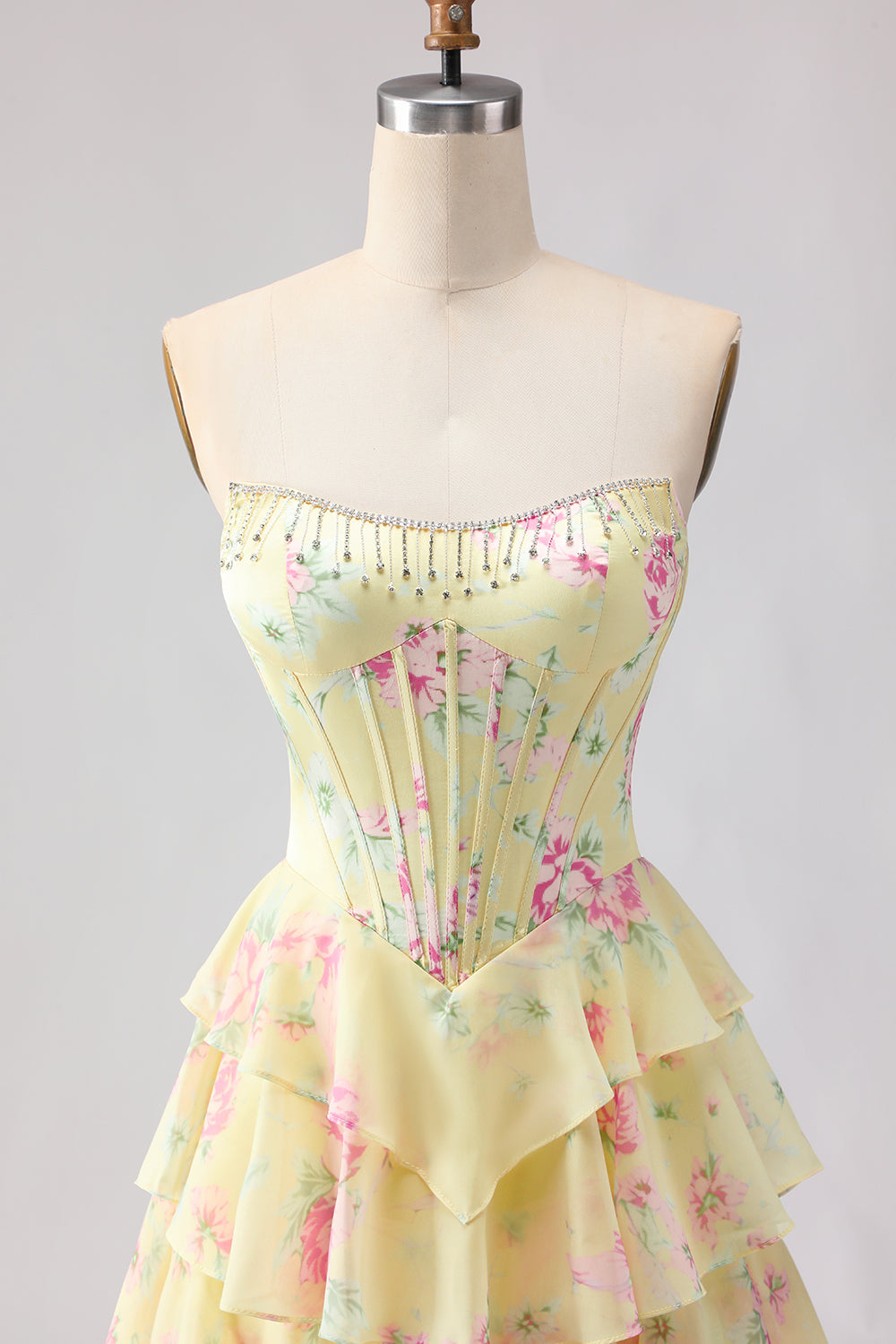 Floral Blue A Line Tiered Long Corset Prom Dress with Slit