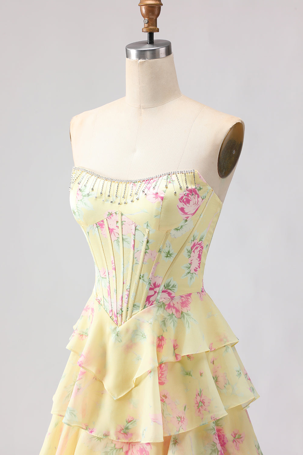 Floral Blue A Line Tiered Long Corset Prom Dress with Slit