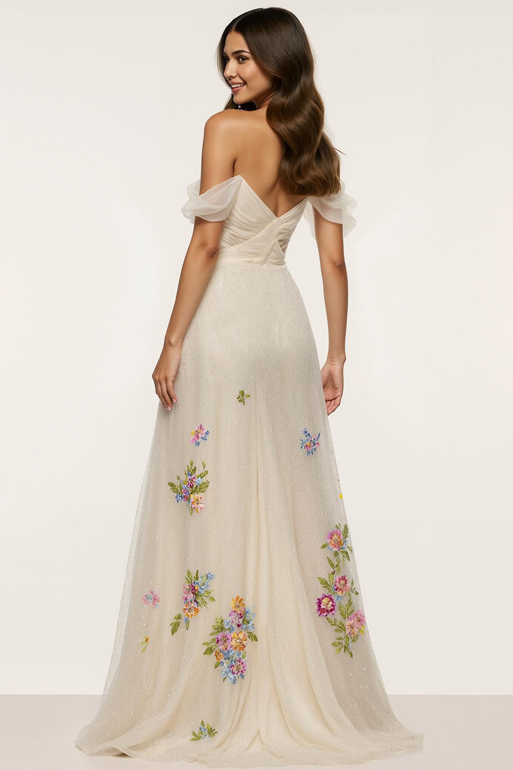 Sparkly Ivory Floral Off the Shoulder Mermaid Long Formal Dress with Slit