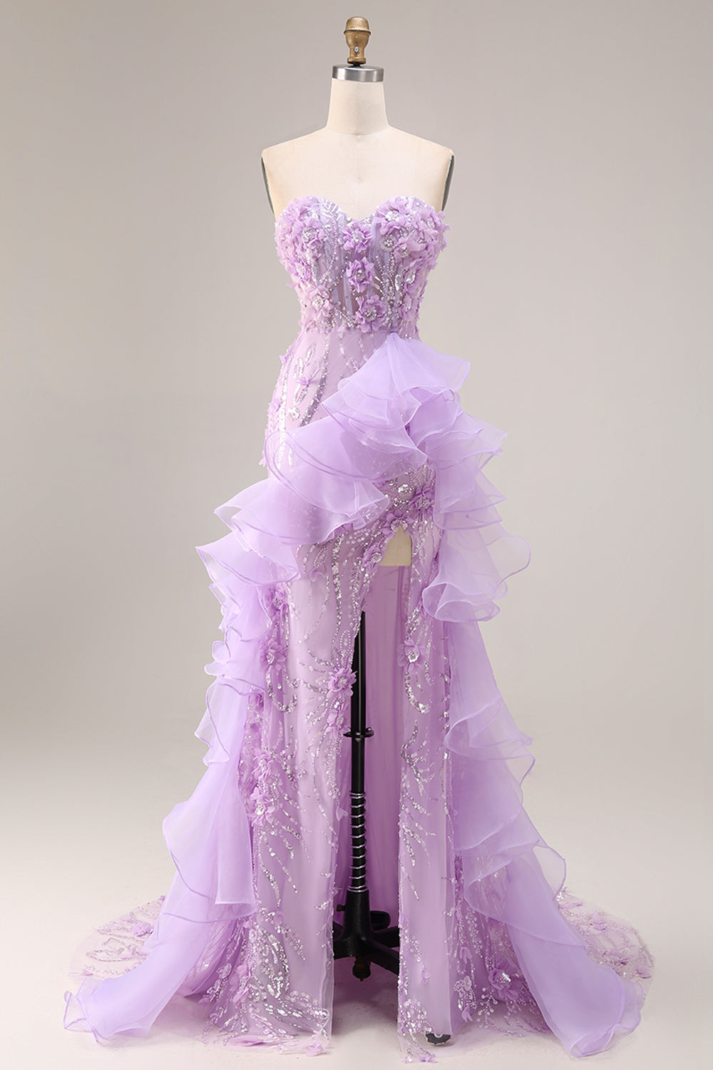 Sparkly Lilac Floral Ruffled Sweetheart Mermaid Beaded Long Prom Dress with Slit