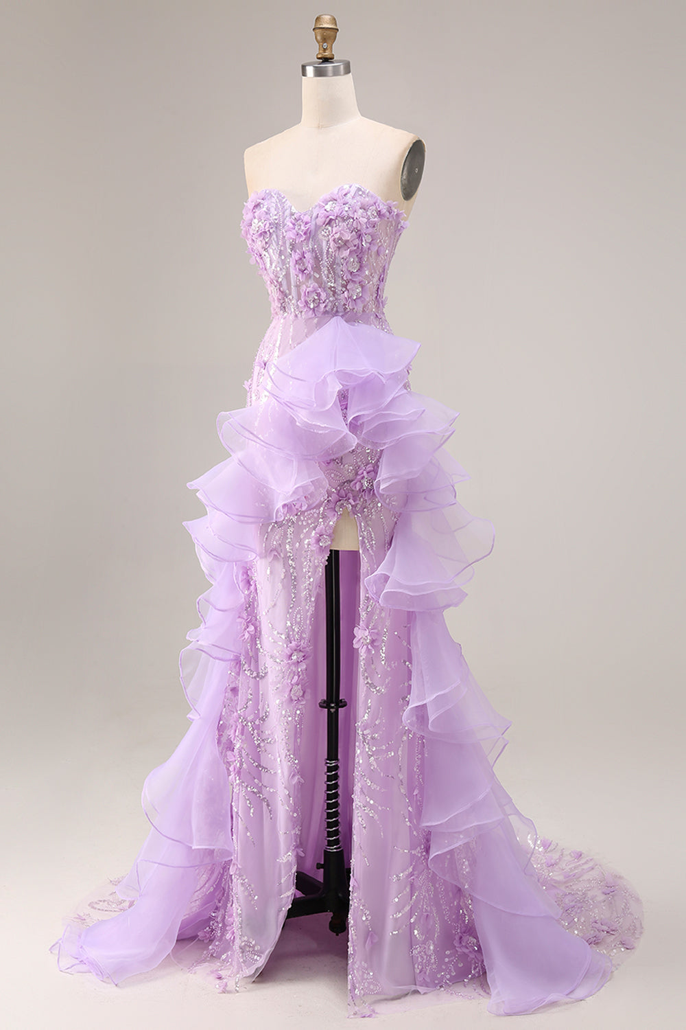 Sparkly Lilac Floral Ruffled Sweetheart Mermaid Beaded Long Prom Dress with Slit